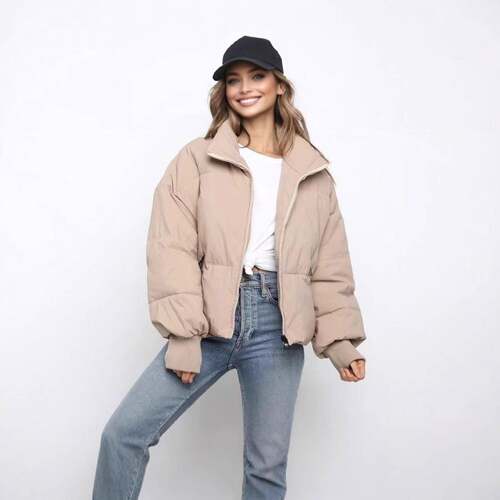 Women's Casual Puffer Jacket Full-Zip Stand Collar Padded