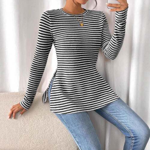 Women's Striped Print Side Slit Slim Fit Top