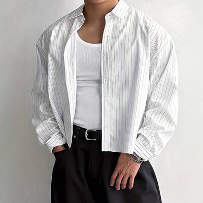 Blue Striped Sleeve Button Up Collared Shirt Cool Casual Men