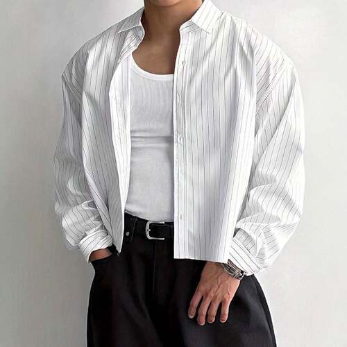 Blue Striped Sleeve Button Up Collared Shirt Cool Casual Men