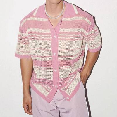 Men Summer Knit Sleeve Collared Shirt Striped Collar