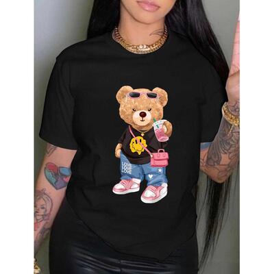 Women's Two-Piece Set, Cartoon Bear Print Tee & Shorts