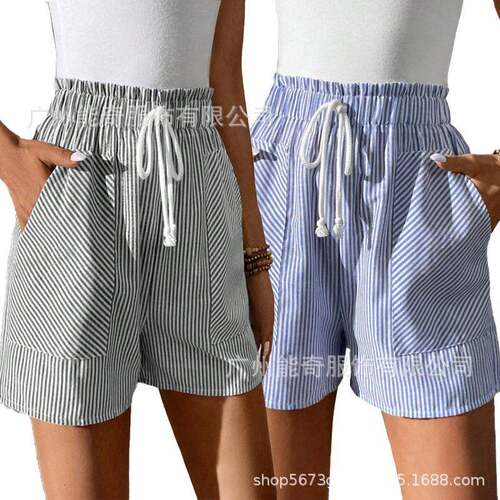 Women's Striped Print Drawstring Waist Shorts