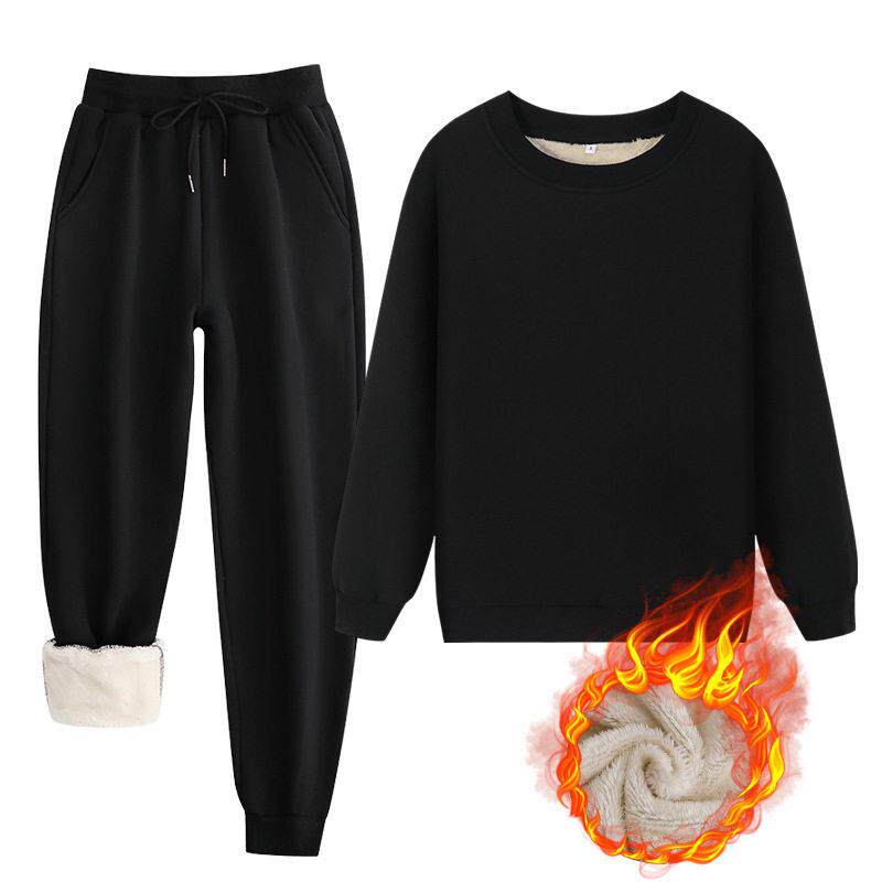 Women's Plain Plush Lined Fitted Sweatshirt & Pants