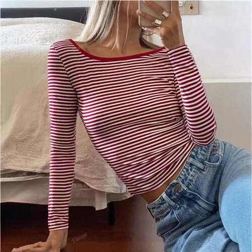 Women's Striped Print Backless Crop Tee, Casual Short Top