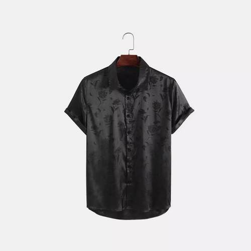 Men Rose Print Jacquard Shirt Regular Sleeve Collared Summer