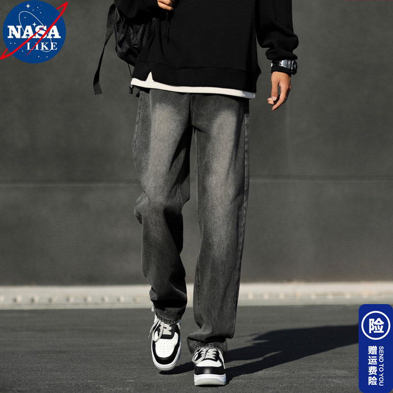 NASA拉链长裤水洗夏季黑色牛仔裤