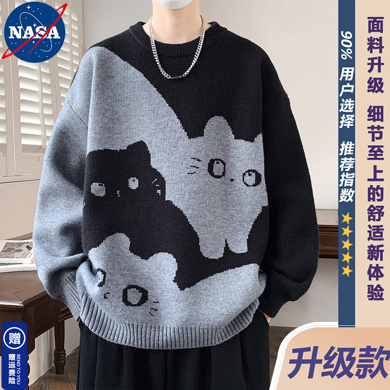 NASA撞色猫咪针织衫学院风秋冬季毛衣男女宽松慵懒风青少年上衣服