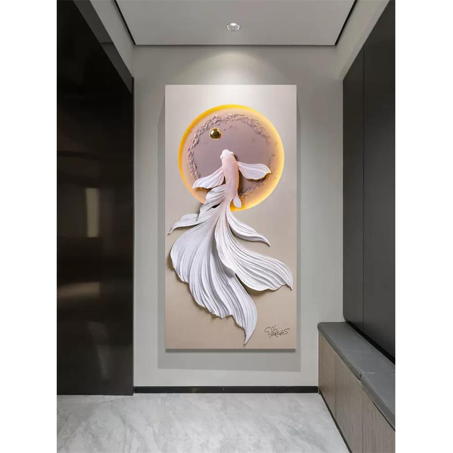 玄关九鱼图立体浮雕装饰画带灯简约现代轻奢高档入户走廊过道挂画图片