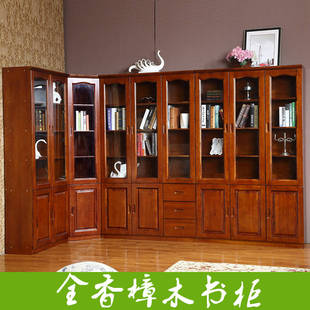 简约中式 全实木书柜家用客厅落地带玻璃门转角香樟木储物书柜定制