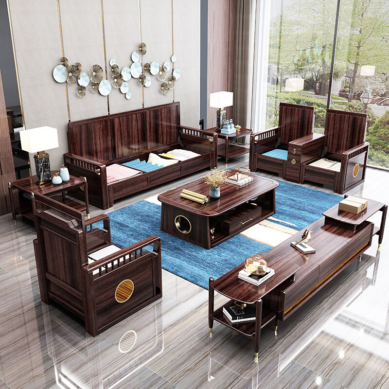 cvl套新中式实木沙发桃木乌金木家具客厅胡家用木质拼储物沙发组