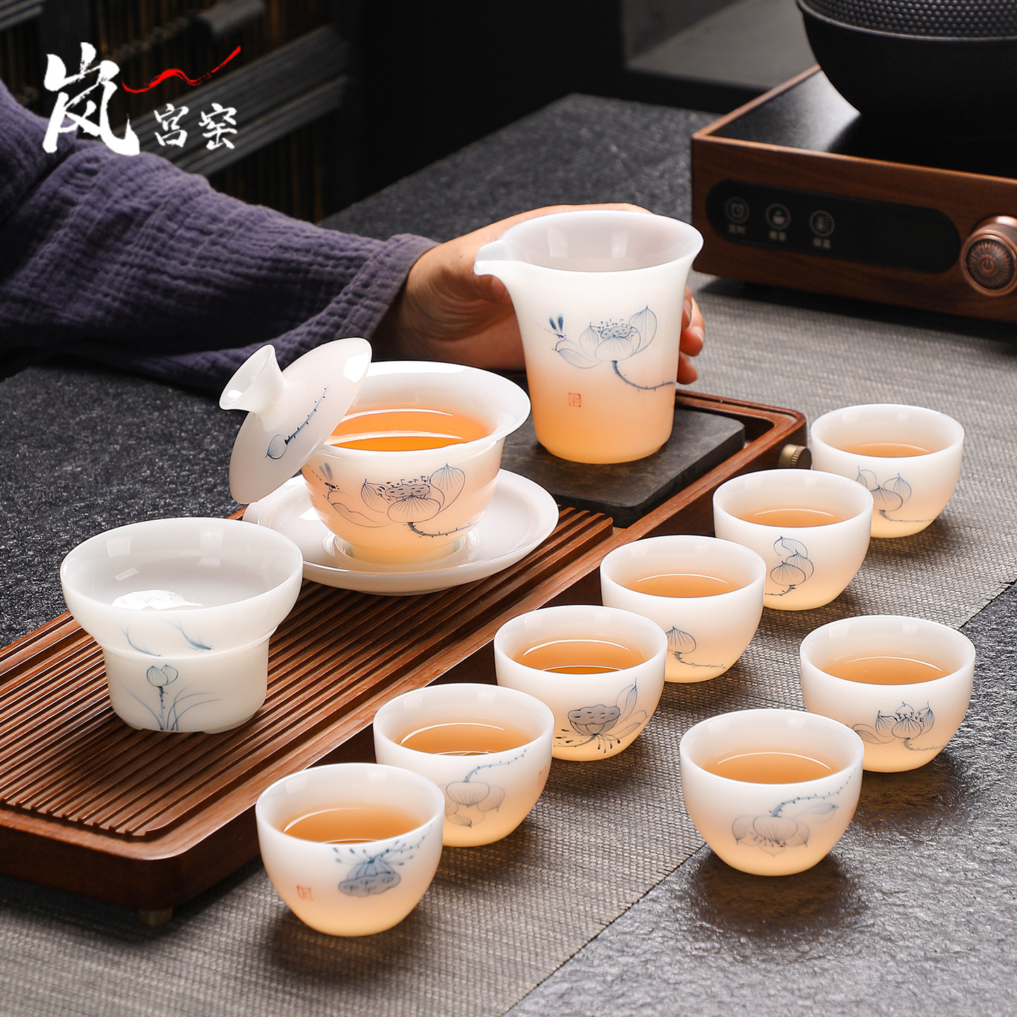 2026手绘茶具套装家用会客盖碗茶杯冰种璞玉瓷礼盒装送礼高档轻奢图片