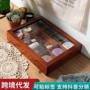 复古实木首饰盒收纳盒木质饰品文玩格子 收纳盒天地盖防尘九格