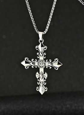 新款小众朋克暗黑复古女十字架钛钢合金毛衣链男生长款情侣项链