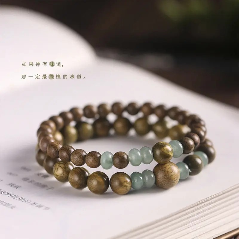 新国风原创设计绿檀木念珠文艺男女手串情侣转运玉石小众复古手链