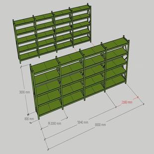 高3000=5层 2排均载600kg 宽800 军绿色货架总长8000 层
