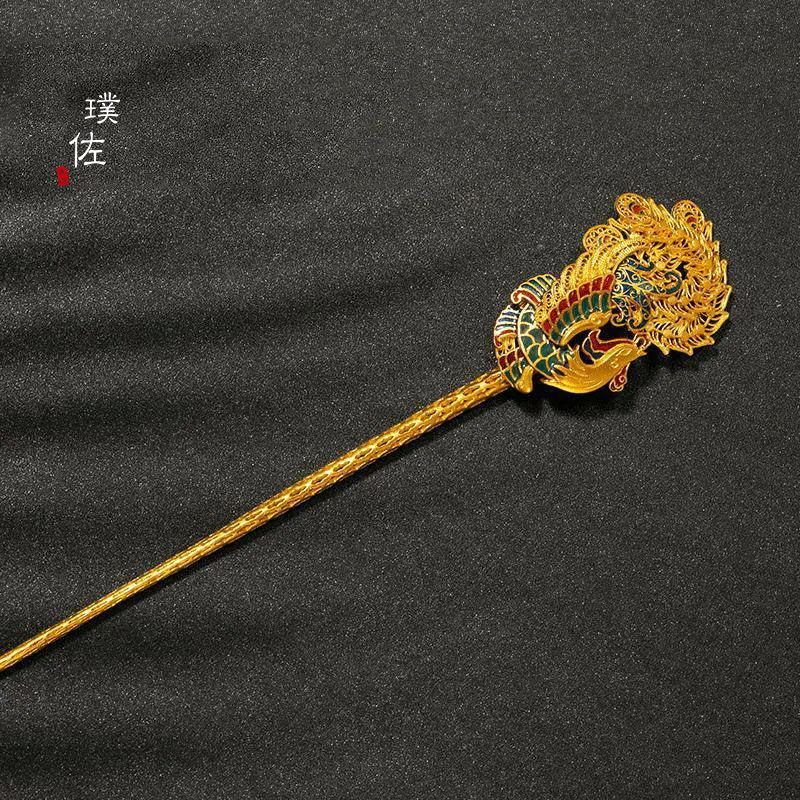 越南沙金凤凰古法花丝烧蓝凤簪古法发簪古代风中式新婚礼发饰轻奢