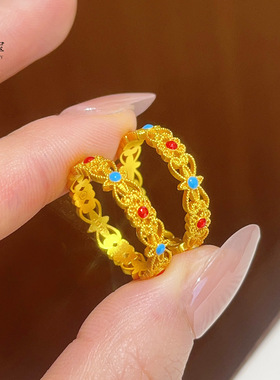 金店款越南沙金不掉色珐琅彩花丝戒指镂空如意开口食指戒防金国风