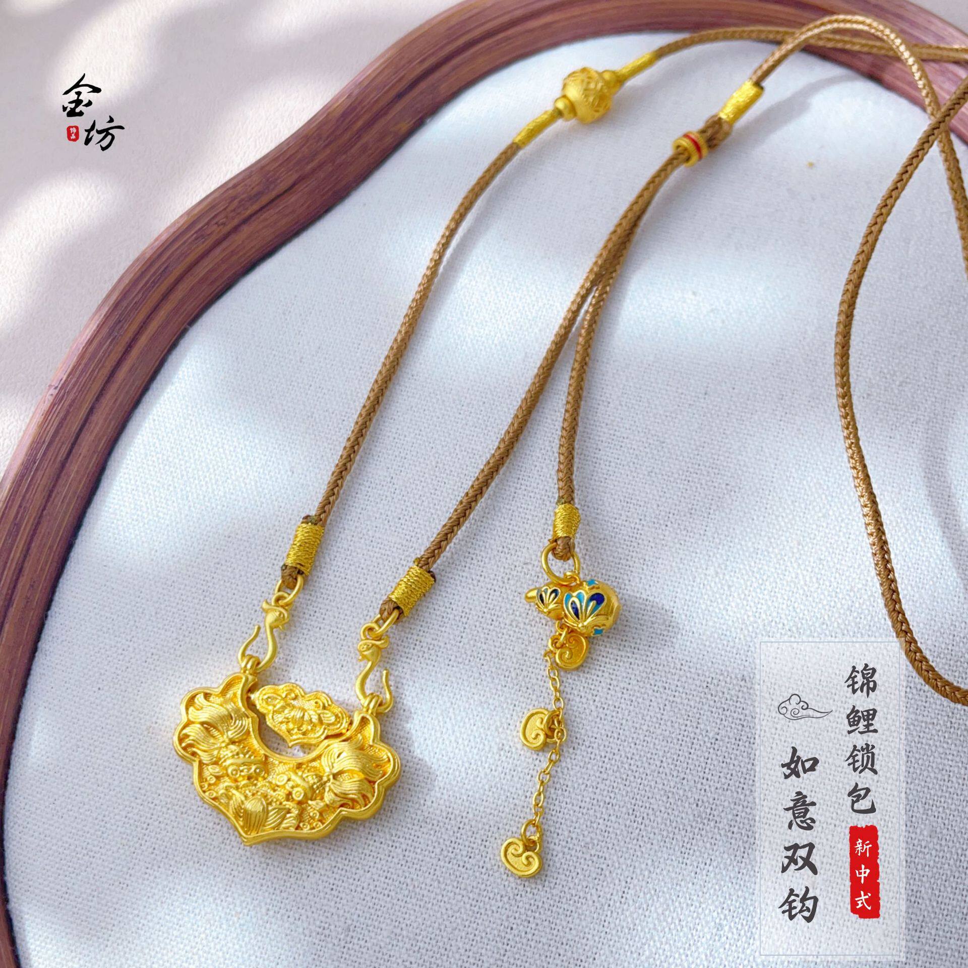 古法越南沙金999锦鲤锁包天鹅扣双钩项链新中式葫芦流苏毛衣链女