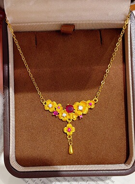 古法越南沙金999不掉色玫红钻拉丝繁花朵朵流苏吊坠项链锁骨链女