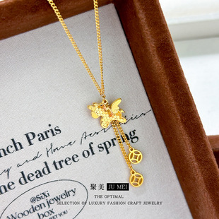 越南沙金爆闪cnc碎冰小飞马铜钱流苏项链马上有钱仿真金锁骨链女