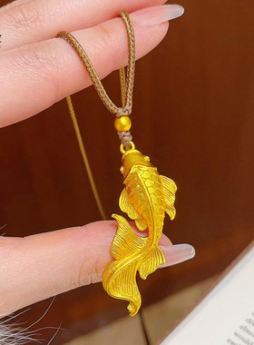 新中式古法越南沙金錾刻福泽锦鲤吊坠项链实心祥云鱼毛衣链仿真金