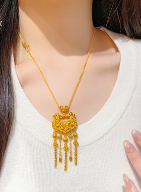 金店同款越南沙金锁愿璎珞百合花流苏锁包项链繁花婚嫁毛衣链防金