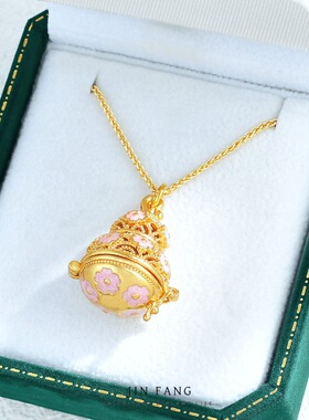 沙金镂空香囊吊坠项链珐琅粉葫芦莲花吊坠可打开旋转莲花葫芦项链