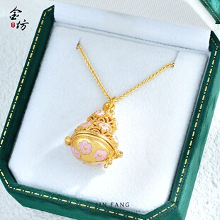 沙金镂空香囊吊坠项链珐琅粉葫芦莲花吊坠可打开旋转莲花葫芦项链