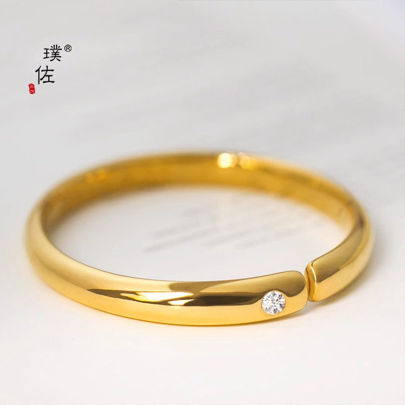 金店同款沙金亮金镶钻泥鳅背开口手镯女轻奢简约高级感手环轻奢