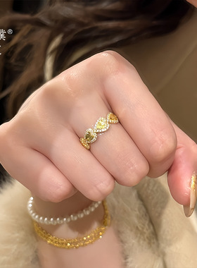 金店同款越南沙金镶钻爱心碎碎冰开口戒指女精致小众仿真金食指戒