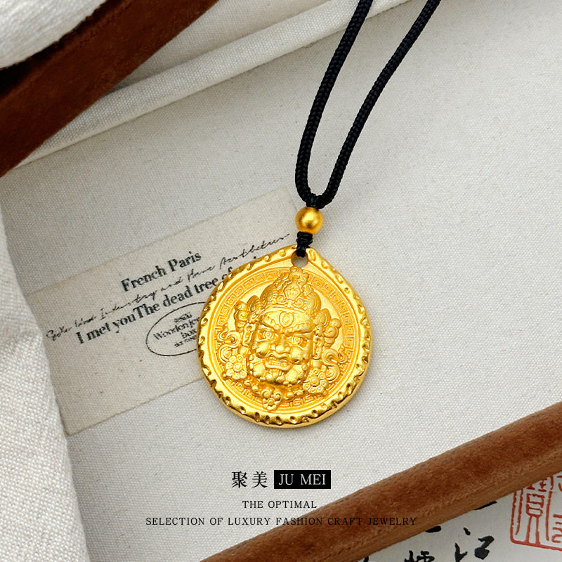越南沙金古法金黄财神吊坠锤纹男项链圆牌招财编绳毛衣链
