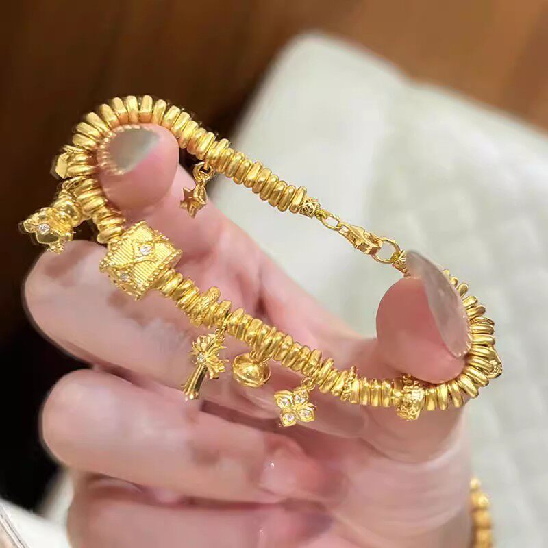 新中式古法沙金点钻拉丝四芒星桶珠小熊盘缠手链四叶草小众手串女