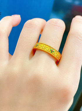 金店同款沙金古法祥云四叶草戒指男女开口实心烧蓝珐琅彩指环