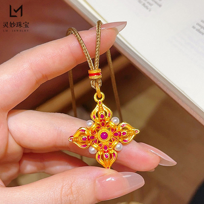 越南沙金珐琅彩绛紫梵音十字金刚杵吊坠项链珍珠降魔杵毛衣链女