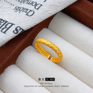 金店老铺同款越南沙金点钻宝钱纹指环镶钻开口铜钱仿真金色戒指女