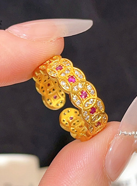 金店同款沙金玫红钻钱币戒指钱多多铜钱开口指环时尚送女朋友礼物