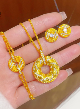 金店同款越南沙金不掉色点钻鎏光织金甜甜圈项链拉丝编织花环耳钉