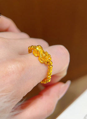 新中式古法越南沙金錾刻小貔貅蹦迪珠戒指吞金兽珠指环国风仿真金