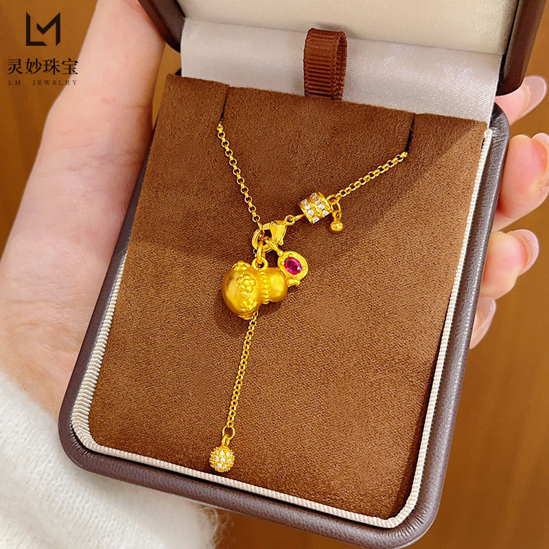 古法越南沙金玫红钻花朵葫芦跑环吊坠项链福禄生花锁骨链仿真金色