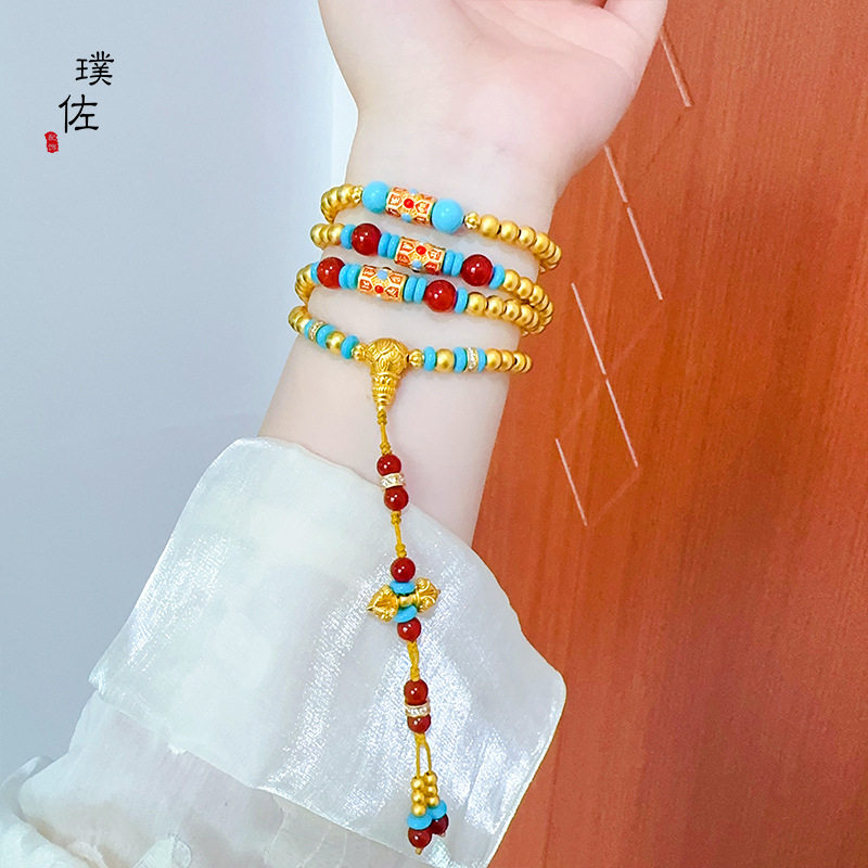 金店款越南沙金108颗多圈佛珠长项链女红蓝设计款降魔杵国风项链