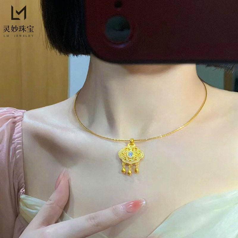 金店同款沙金999点钻平安锁包项圈吊坠花丝福寿如意锁骨链送女友