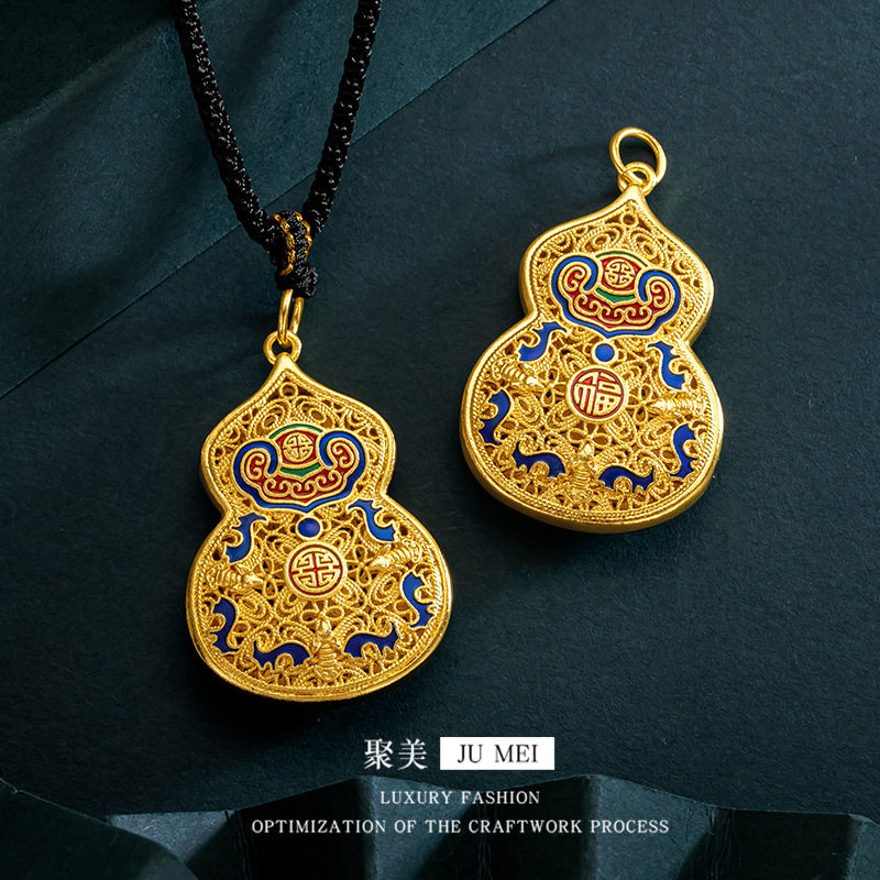 越南沙金古法福字烧蓝福字葫芦吊坠3D吉祥葫芦福锁女黄金色吊坠