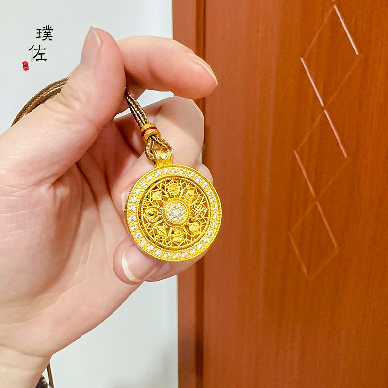 不掉色越南沙金镶钻吉祥八宝罗盘如意绳项链可旋转吊坠毛衣链女