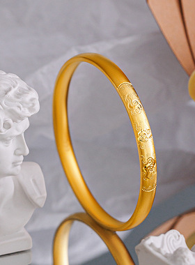 高工款古法仿黄金车花弧面祥云如意福手镯沙金古法金素圈手环