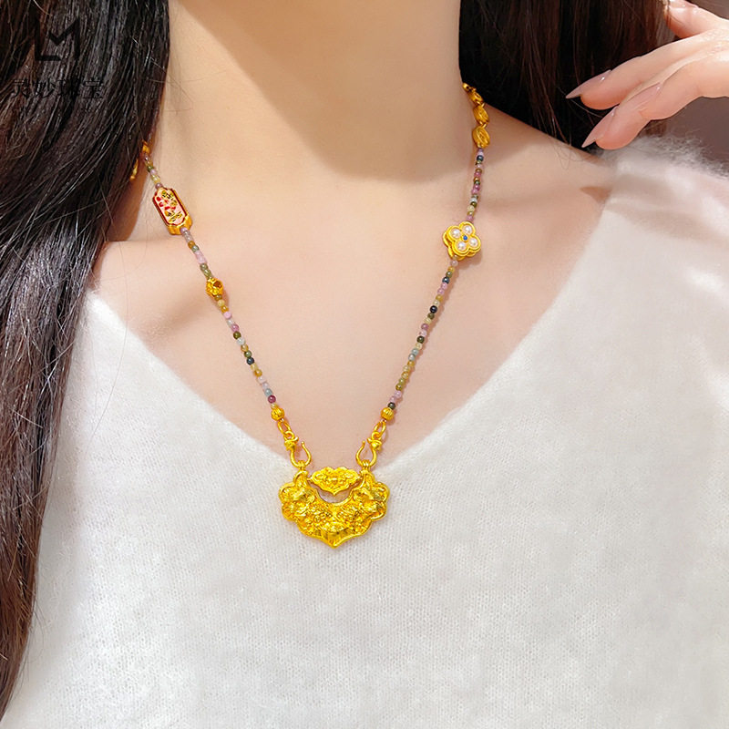 金店同款越南沙金古法锦鲤锁碧玺圆珠双钩平安喜乐珠项链仿真金女