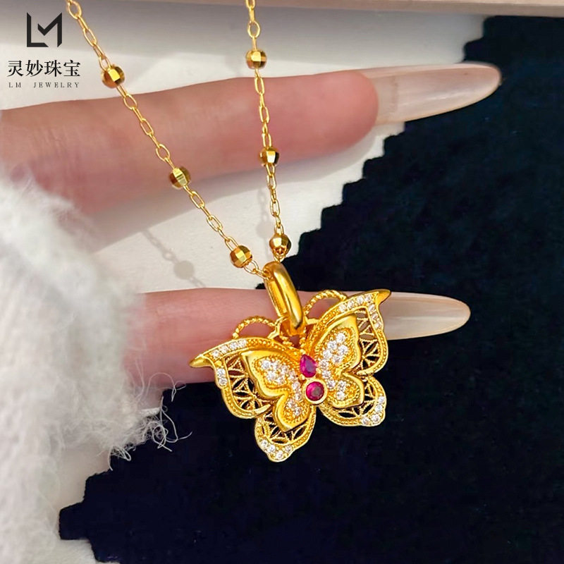 新中式古法沙金镂空花丝点钻红宝玲珑花蝶吊坠双层蝴蝶项链送女友