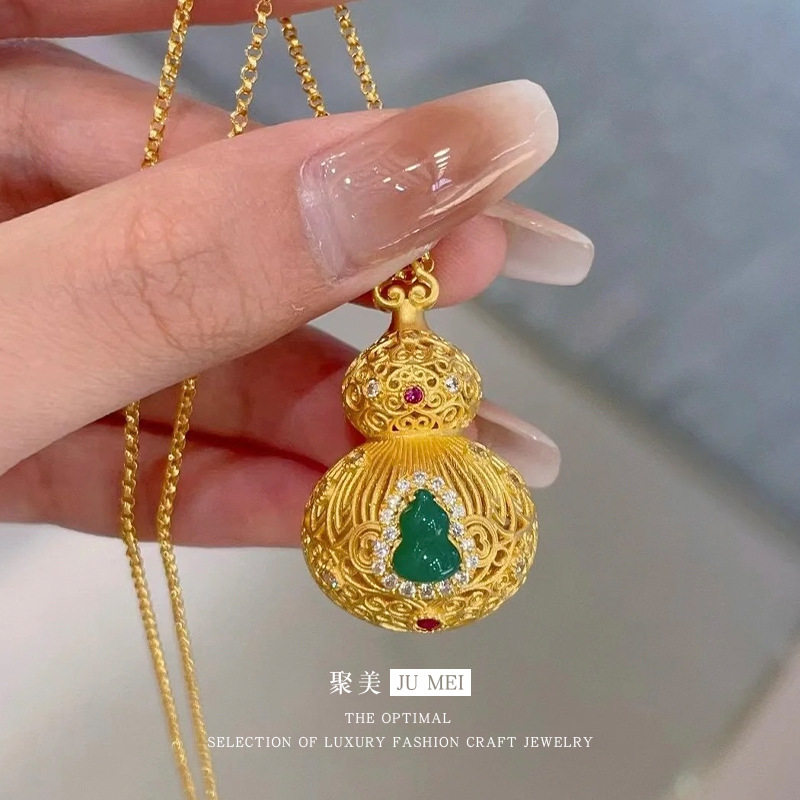 越南沙金镂空花丝葫芦吊坠女设计感镶嵌彩宝古法祥云花丝福禄项链