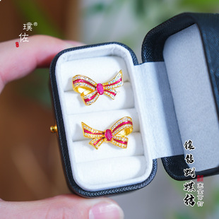 金店同款越南沙金不掉色玫红镶钻蝴蝶结耳钉轻奢高级感百搭耳饰女