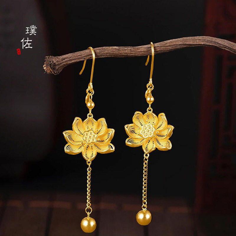 古法花丝莲花耳环婚嫁好事莲莲荷花耳坠高档不掉色